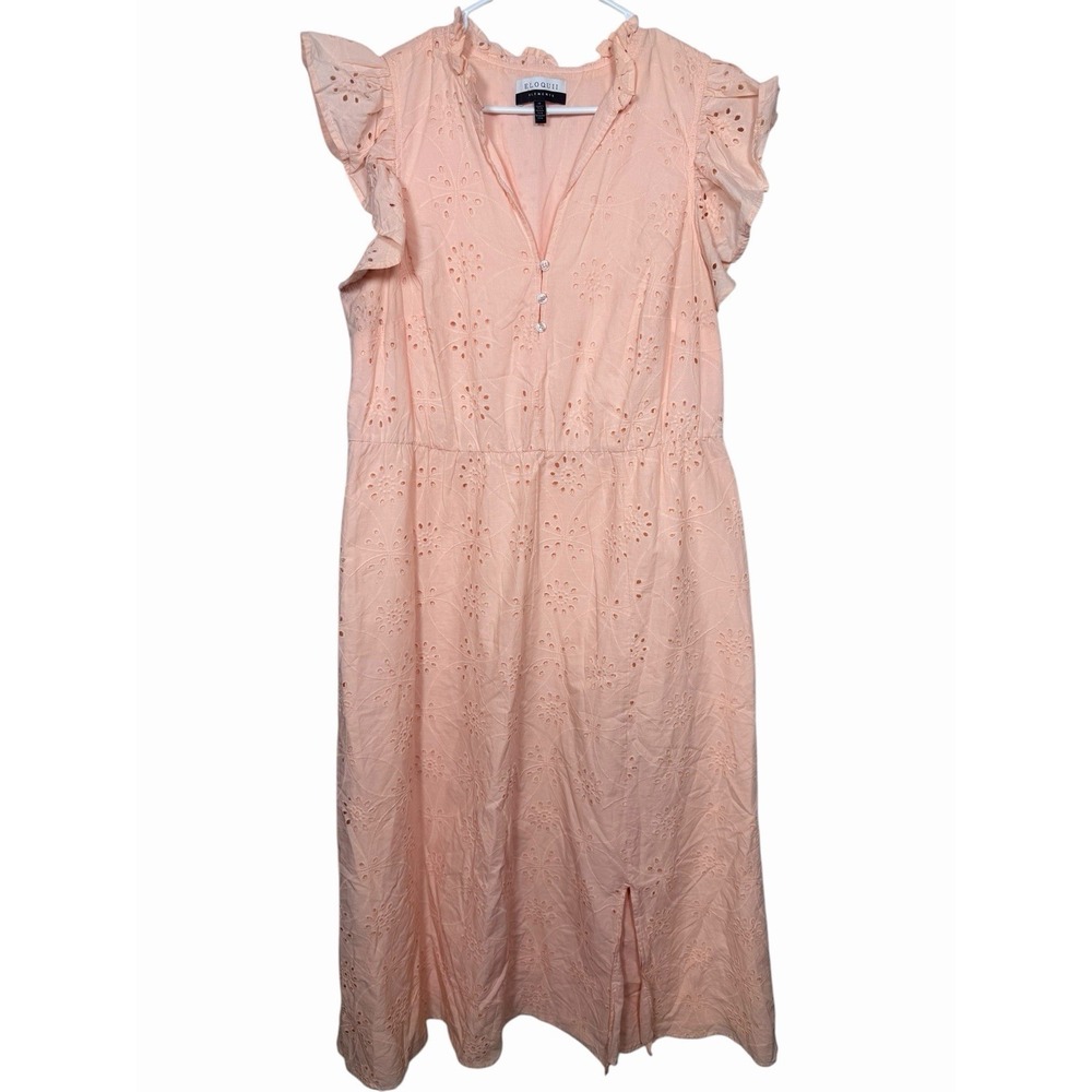 Eloquii Eyelet Midi Dress 18 Peach Cotton Ruffle Sleeve Lined Cottagecore - Picture 1 of 8